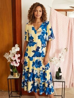 Paper Heart Yellow Midi Dress with Blue Floral Print
